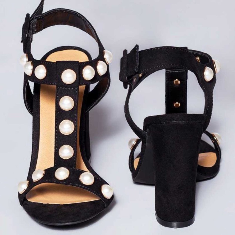 Women's Black Suede 4.5 inch Block Heels with Pearls Size 8 Ankle Strap